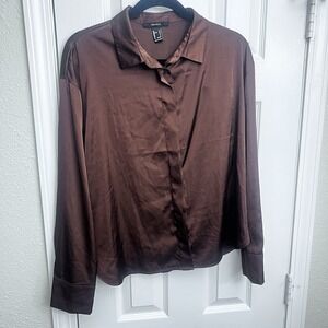 Forever 21 Satin Blouse Womens Large Brown Button Front Long Sleeve Top